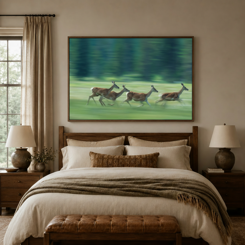 Framed deer oil painting canvas hanging above wooden bed in warm bedroom setting