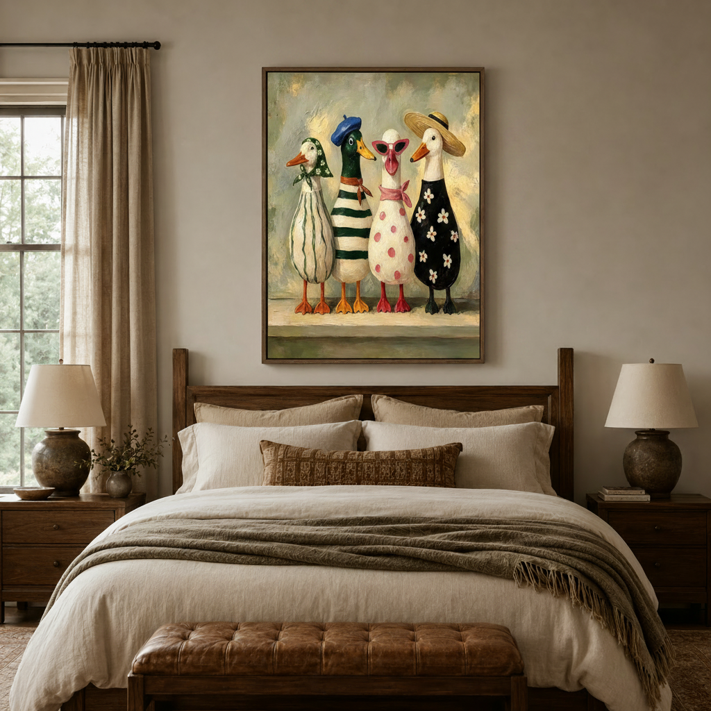 Colorful whimsical duck canvas wall art centered above a dark walnut bed in a cozy neutral bedroom