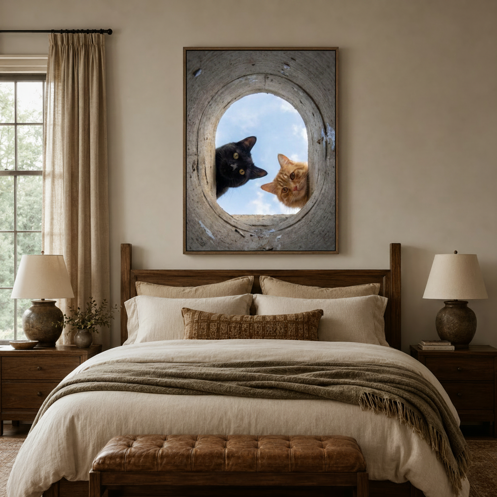 Two cats peering through tunnel canvas art centered above bed in cozy bedroom