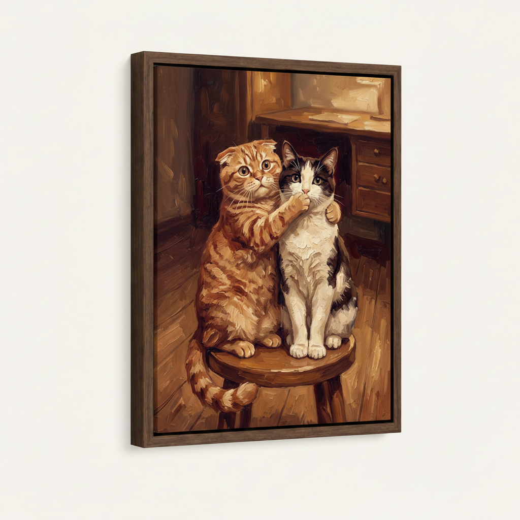 Framed two cats vintage portrait wall art in dark walnut float frame, angled product view