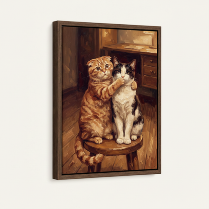 Framed two cats vintage portrait wall art in dark walnut float frame, angled product view