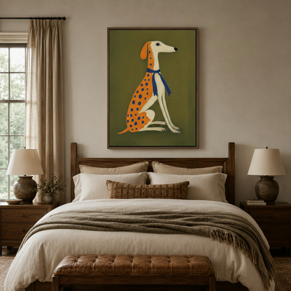 Folk art dog print in floating frame above dark walnut bed in cozy bedroom