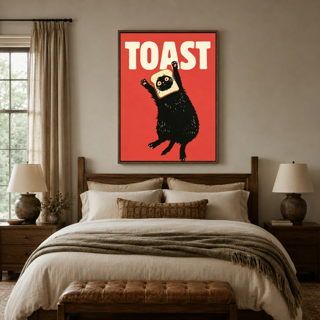 Whimsical TOAST black cat canvas print above a wooden bed headboard in a cozy rustic bedroom
