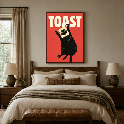 Whimsical TOAST black cat canvas print above a wooden bed headboard in a cozy rustic bedroom