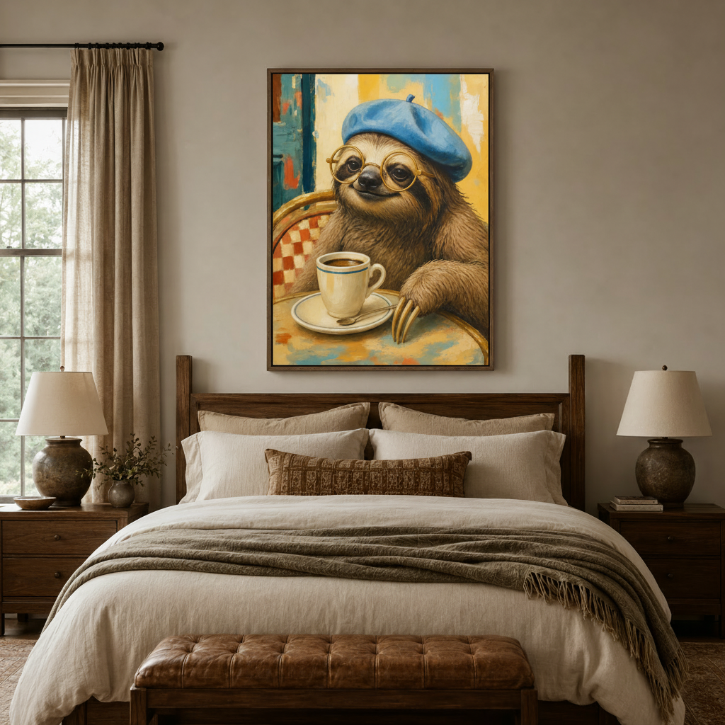 Whimsical sloth with blue beret canvas print hung above wooden bed in warm earth-tone farmhouse bedroom
