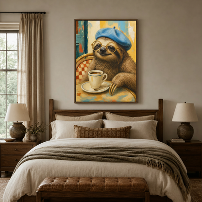 Whimsical sloth with blue beret canvas print hung above wooden bed in warm earth-tone farmhouse bedroom