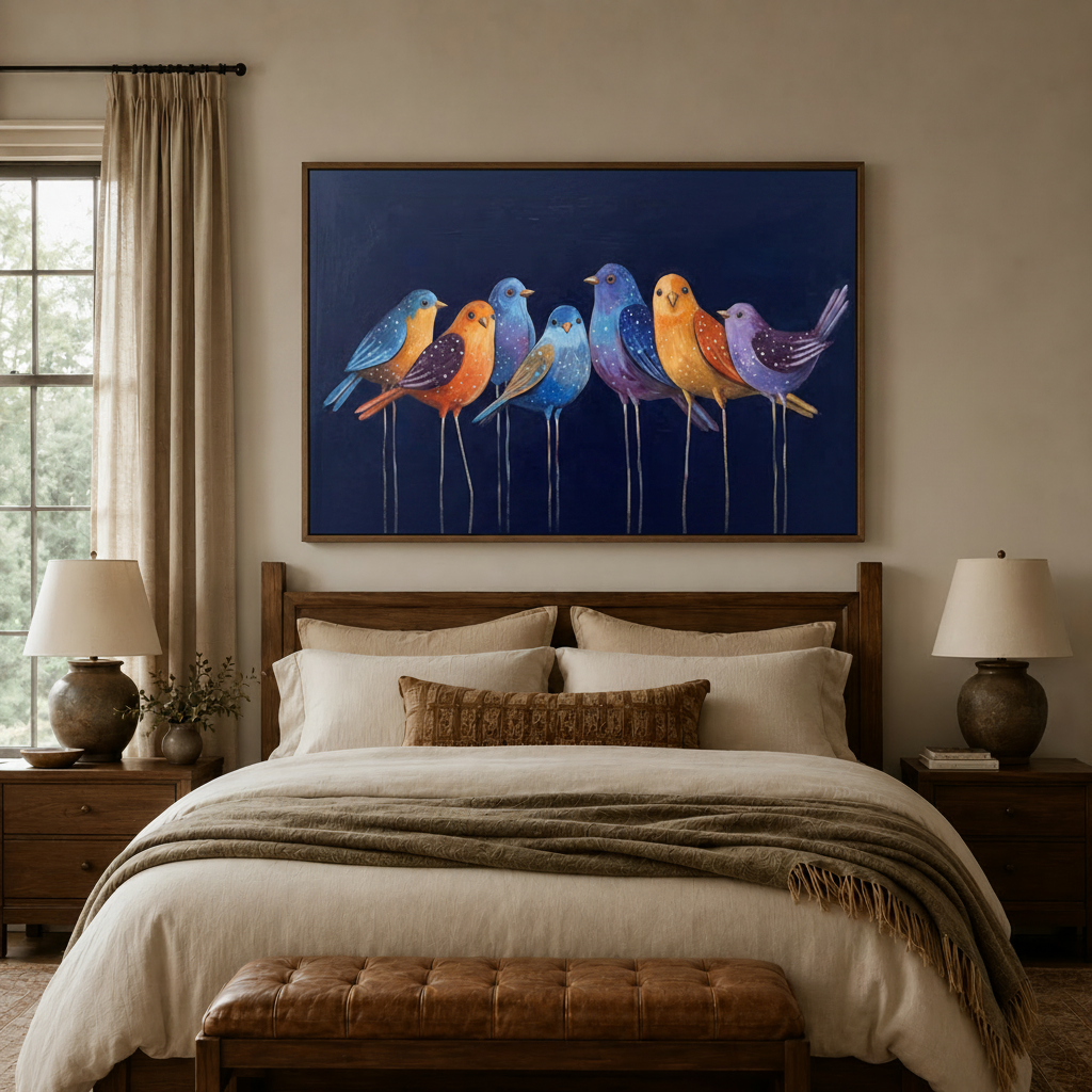 Colorful birds framed canvas art above a bed in a warm neutral-toned bedroom
