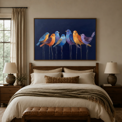 Colorful birds framed canvas art above a bed in a warm neutral-toned bedroom