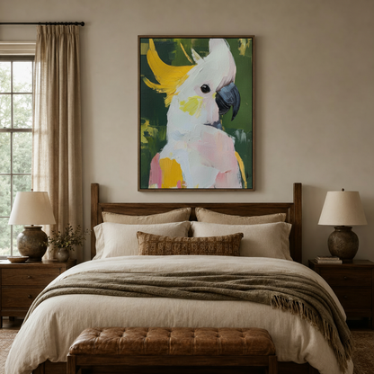 White cockatoo bird portrait canvas print hanging above dark wood bed frame in cozy bedroom