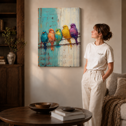 Gallery-wrapped five-bird canvas wall art displayed beside a woman in white, with a sofa and coffee table.