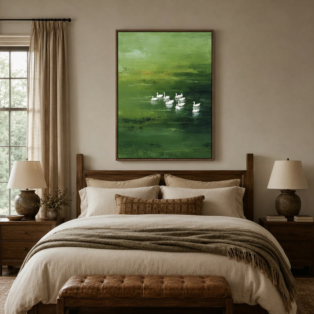 Nature canvas print of white geese on green lake above dark walnut bed in cozy neutral bedroom