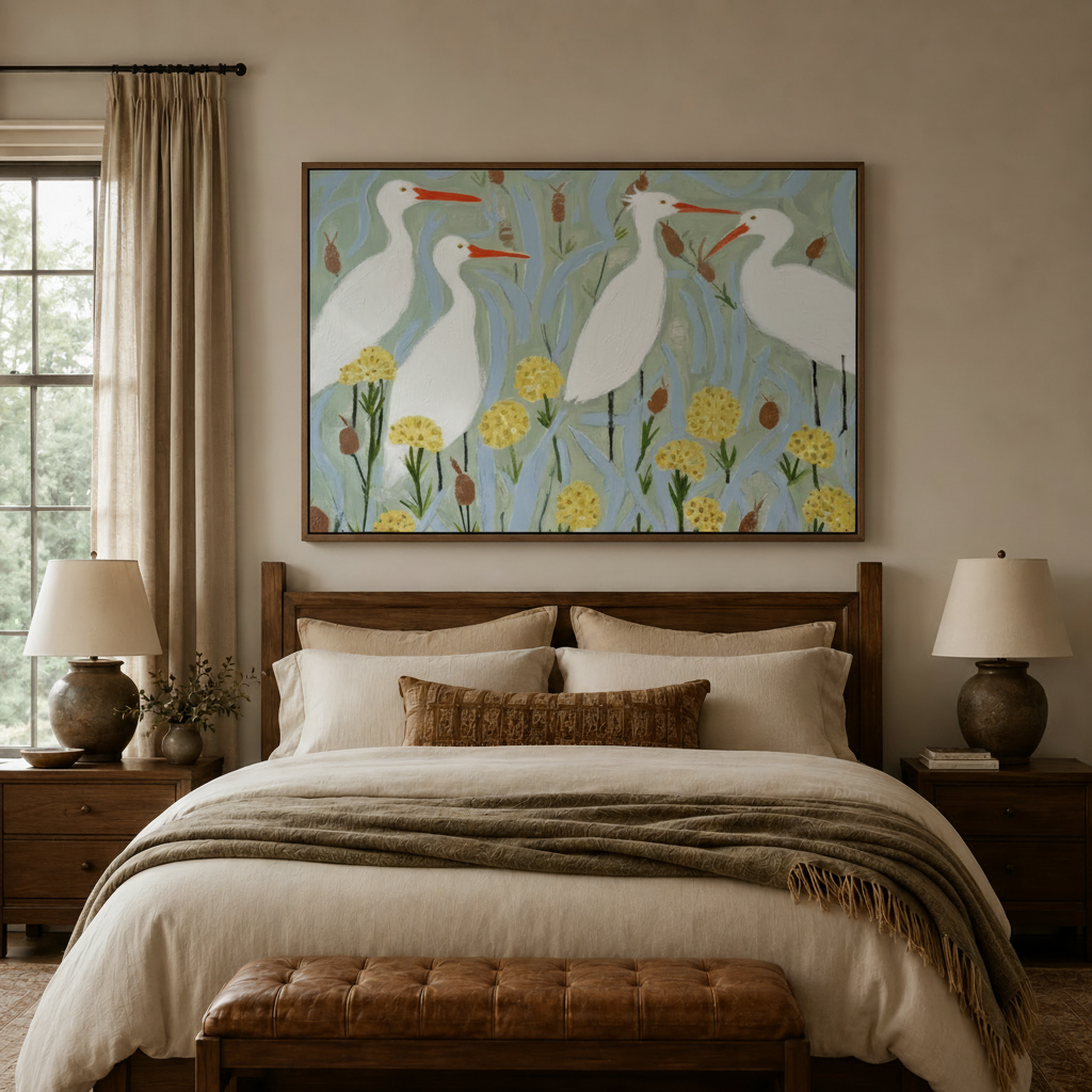 Egret folk art canvas print above bed in cozy neutral bedroom with ceramic lamps and warm lighting