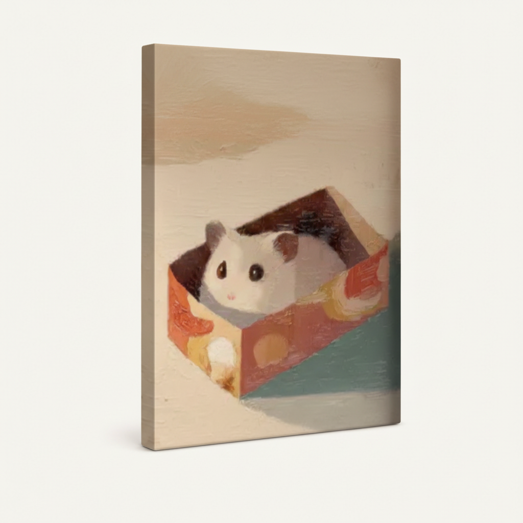 Gallery-wrapped hamster in a box canvas side view showing creamy palette and painterly texture