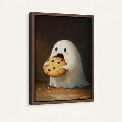 Framed ghost cookie wall art in dark walnut float frame, angled product view
