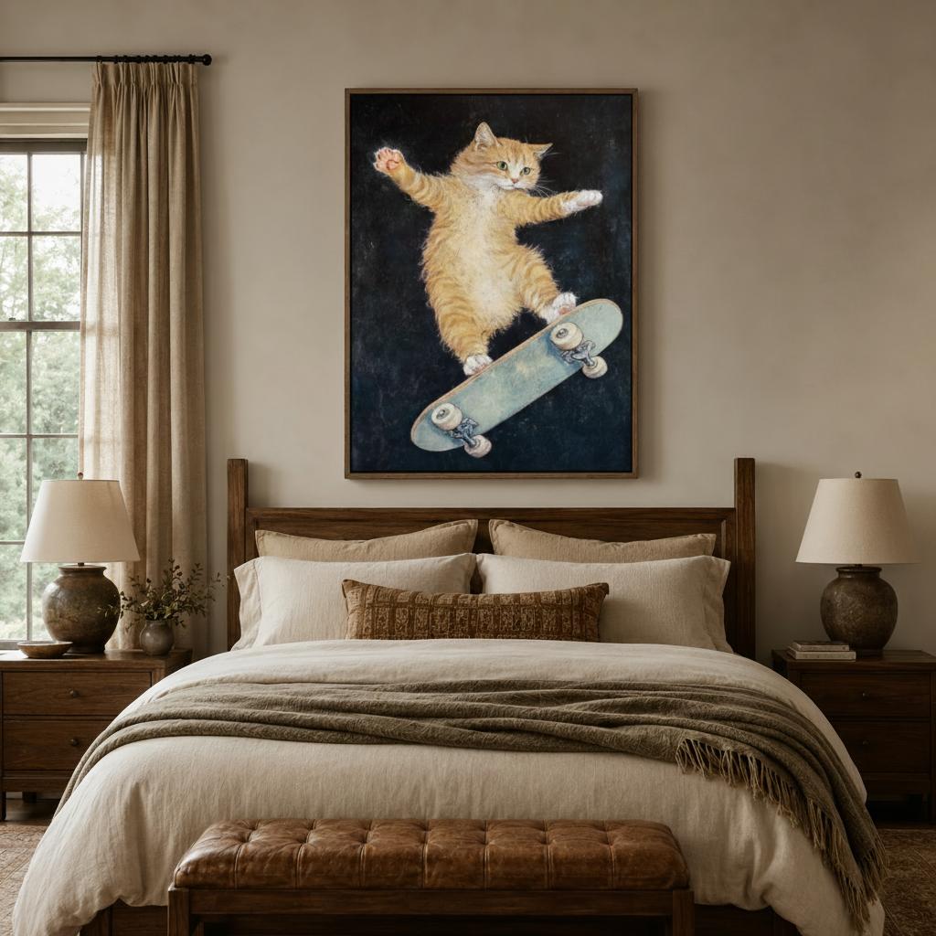 Funny skateboarding cat canvas print in walnut frame displayed above linen bed in cozy bedroom