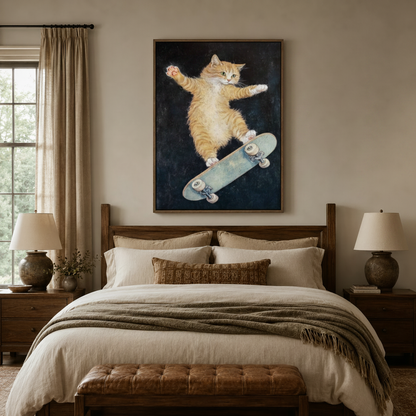 Funny skateboarding cat canvas print in walnut frame displayed above linen bed in cozy bedroom