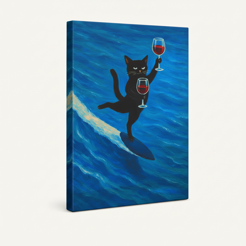 Gallery-wrapped surfing cat canvas wall art, thick wrap edges visible, minimal white background