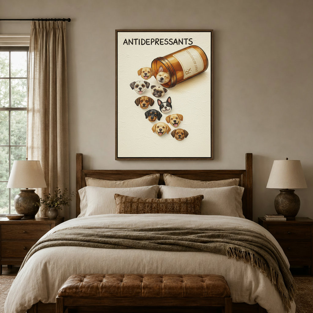 Antidepressants funny dog illustration canvas print in float frame above wooden bed headboard