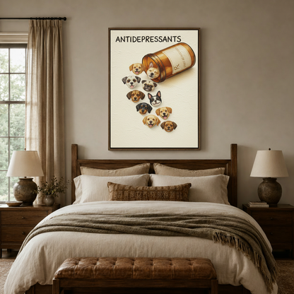 Antidepressants funny dog illustration canvas print in float frame above wooden bed headboard