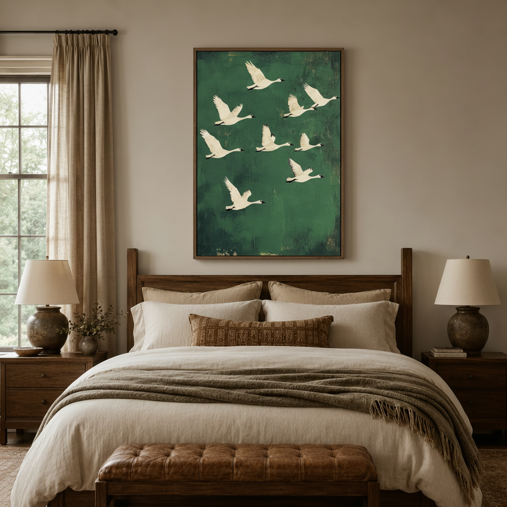 Eight white swans oil painting canvas above dark walnut bed in cozy earth-tone bedroom