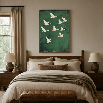 Eight white swans oil painting canvas above dark walnut bed in cozy earth-tone bedroom