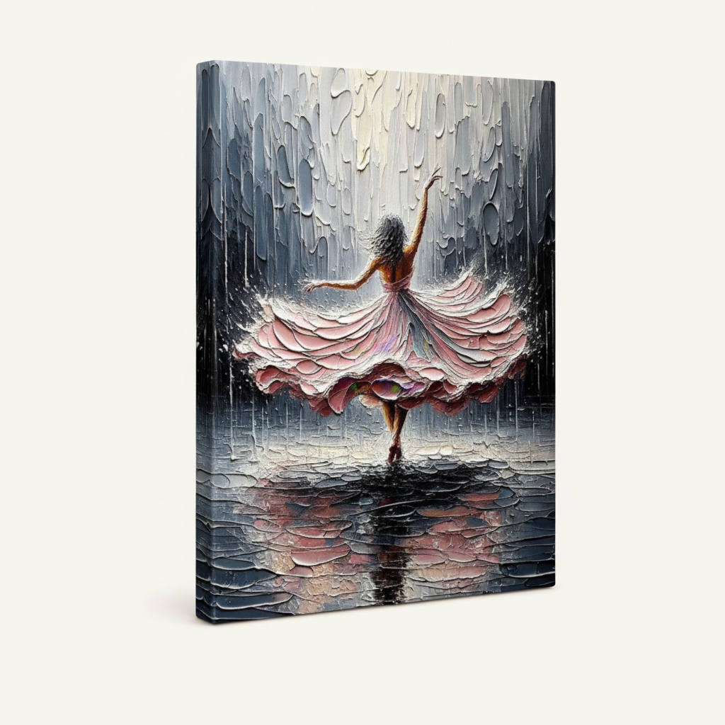Gallery-wrapped canvas side angle revealing deep textured brushwork of abstract female dancer in the rain