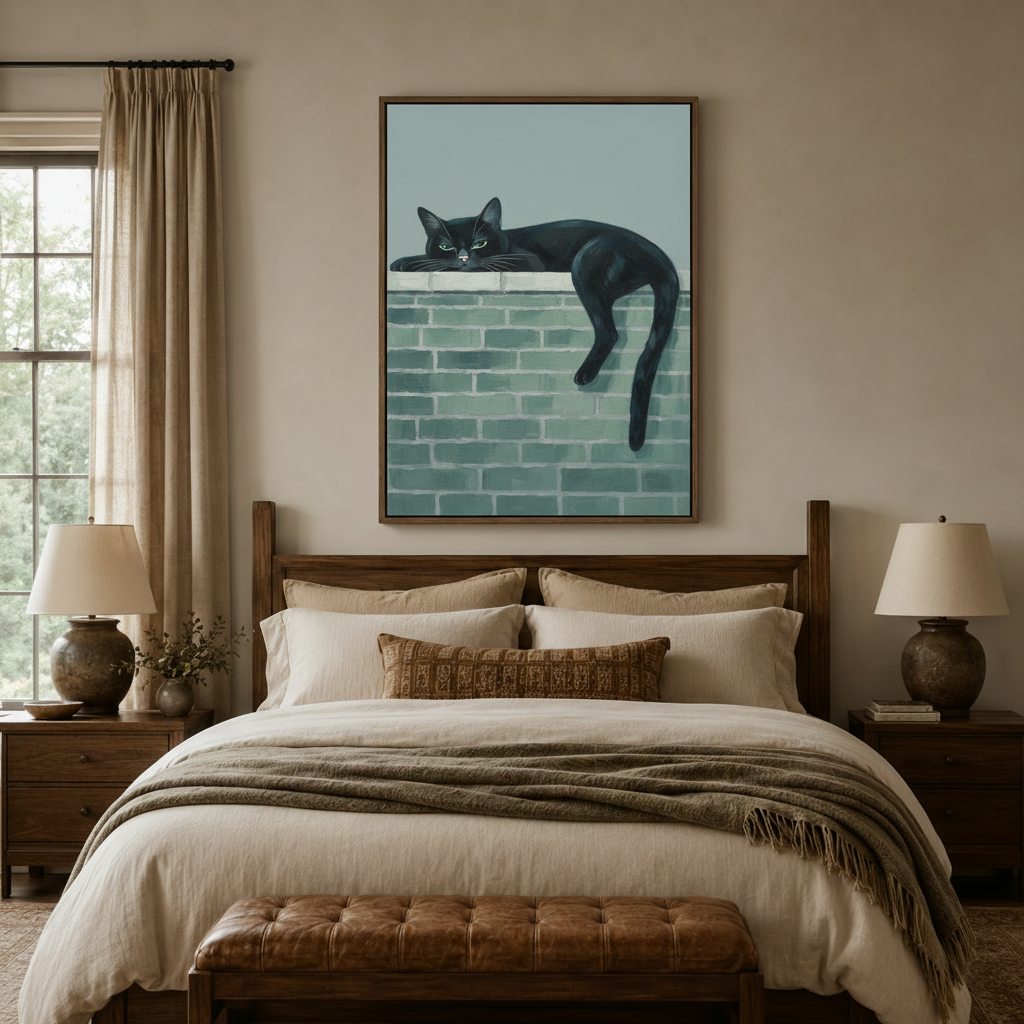 Black cat brick wall painting in float frame centered above dark wood bed in cozy neutral bedroom