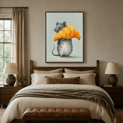 Mouse croissant oil painting in dark walnut frame centered above bedroom headboard