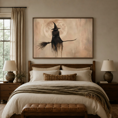 Moody gothic wall art with witch silhouette and full moon above bed in cozy bedroom