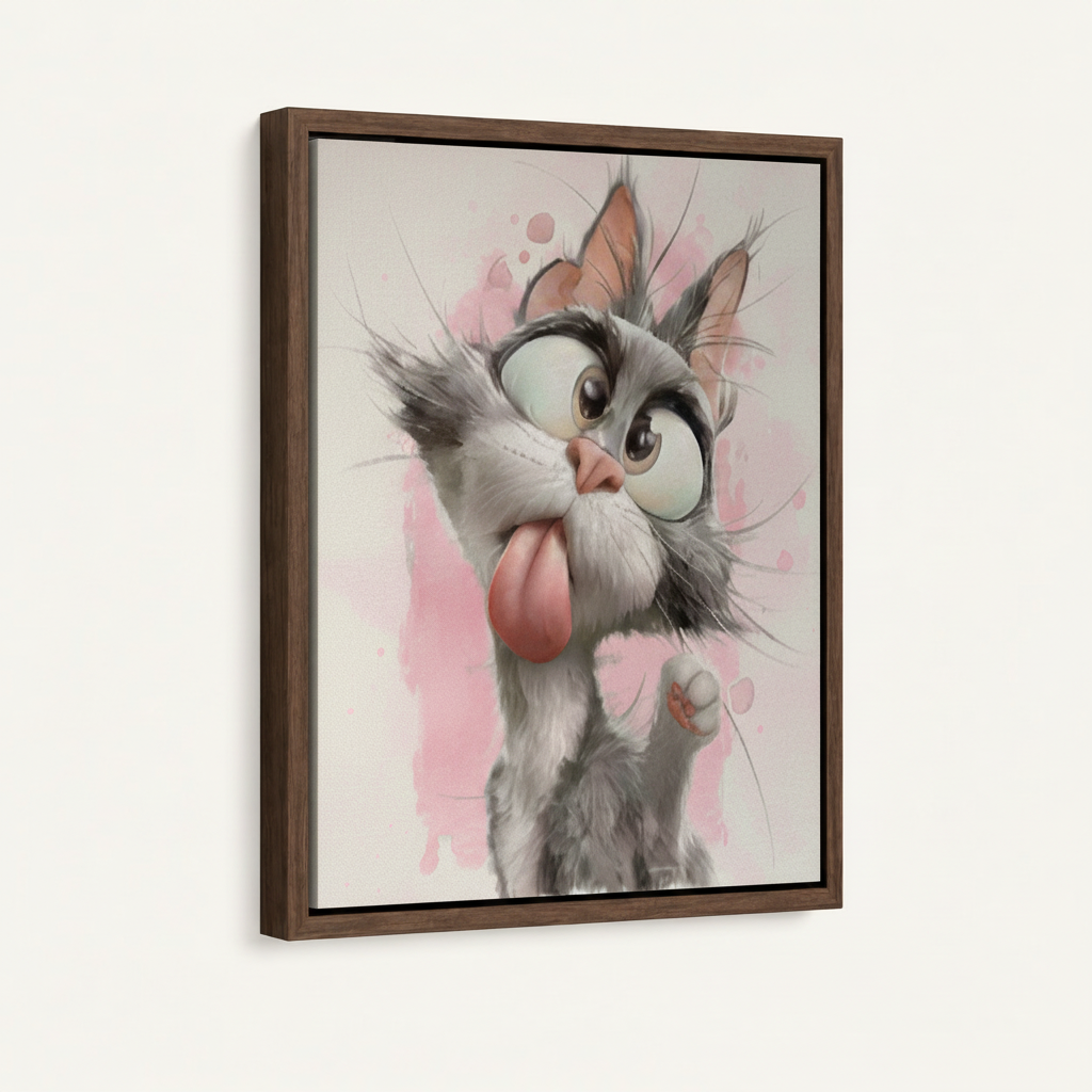 Framed 3D cartoon gray cat tongue out canvas print in dark walnut float frame on white background