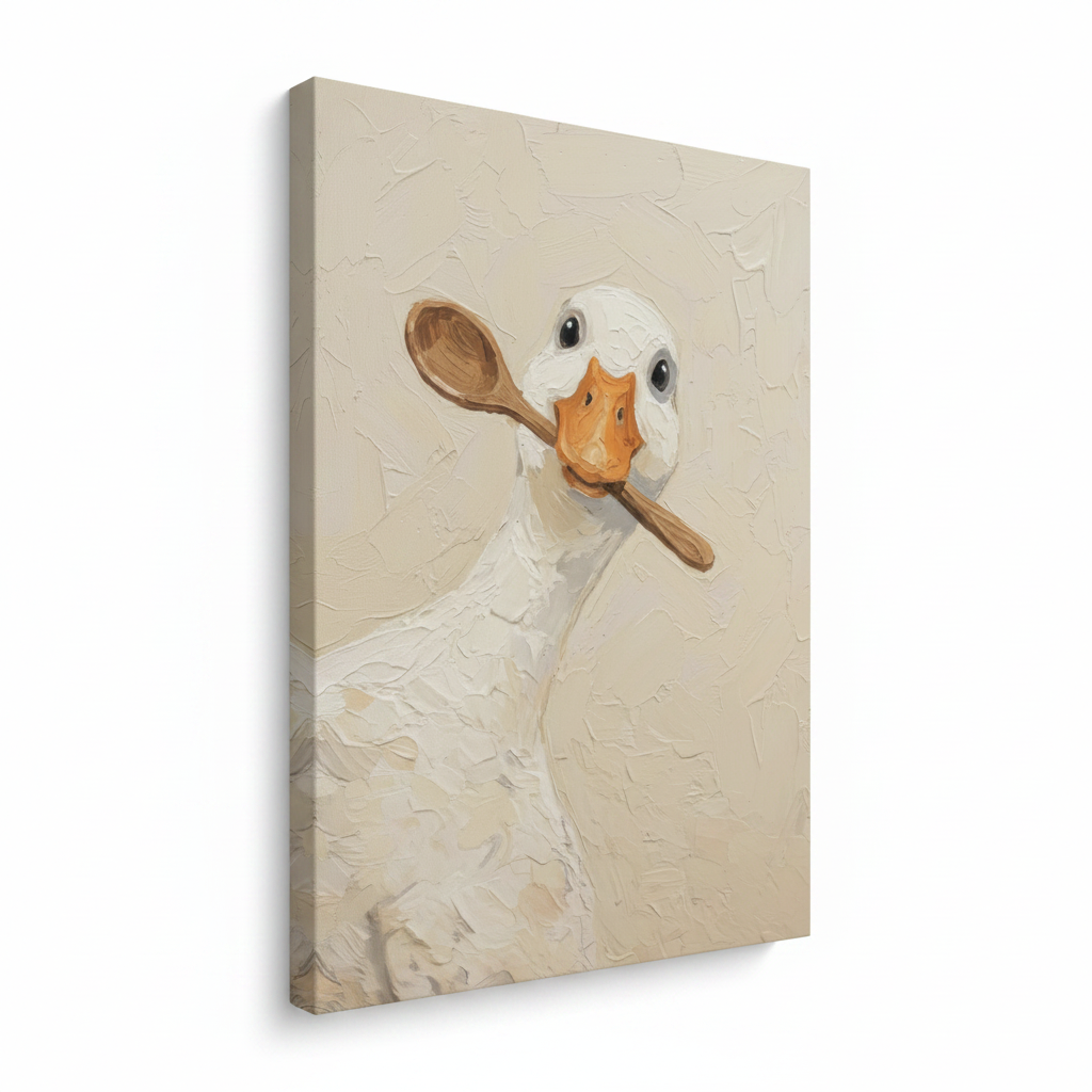 Gallery-wrapped goose with wooden spoon canvas art shown at angle revealing side wrap depth and impasto texture