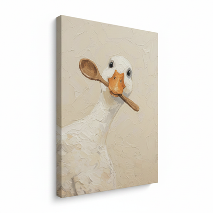 Gallery-wrapped goose with wooden spoon canvas art shown at angle revealing side wrap depth and impasto texture