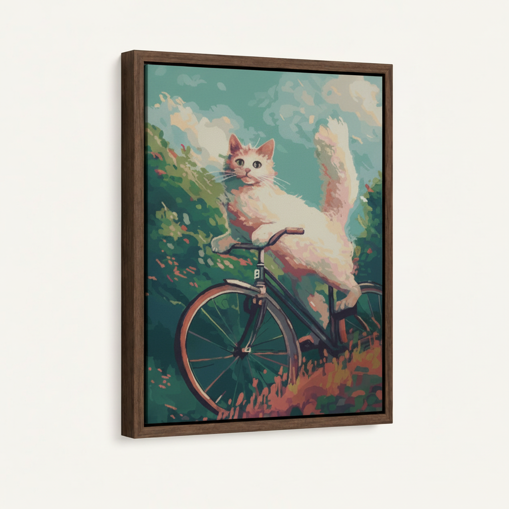 Whimsical cat bicycle canvas in dark walnut float frame, portrait orientation, 3/4 angle on white background