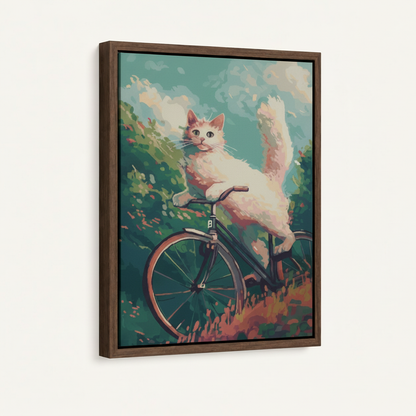 Whimsical cat bicycle canvas in dark walnut float frame, portrait orientation, 3/4 angle on white background