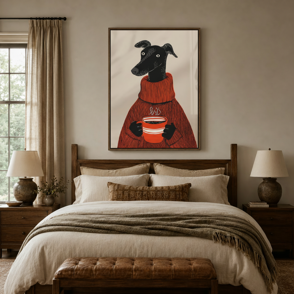 Whimsical dog canvas print in red sweater displayed above bed in cozy bedroom setting