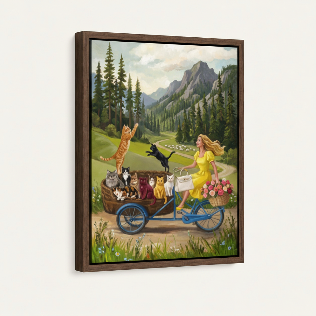 Woman bicycle nine cats mountain canvas in dark walnut float frame, portrait orientation, 3/4 angle wall display