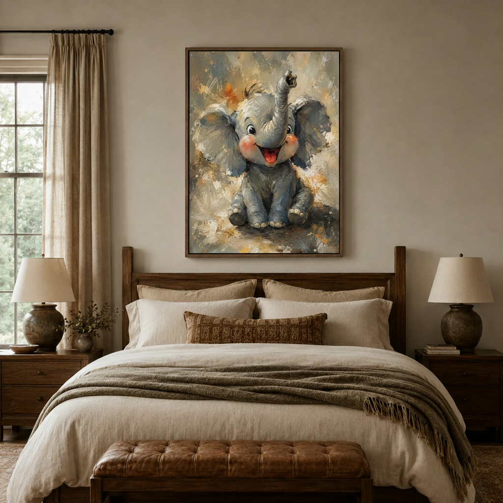 Joyful baby elephant canvas art hung above a linen bed in a cozy warm-toned bedroom setting