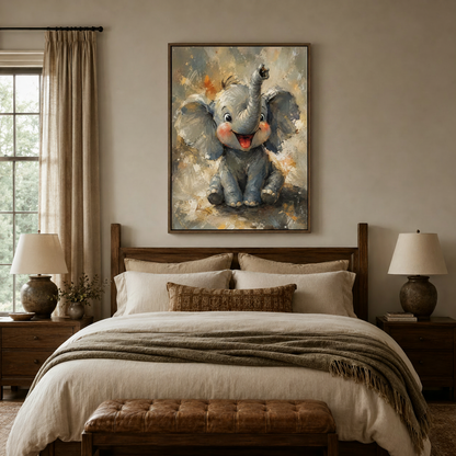 Joyful baby elephant canvas art hung above a linen bed in a cozy warm-toned bedroom setting