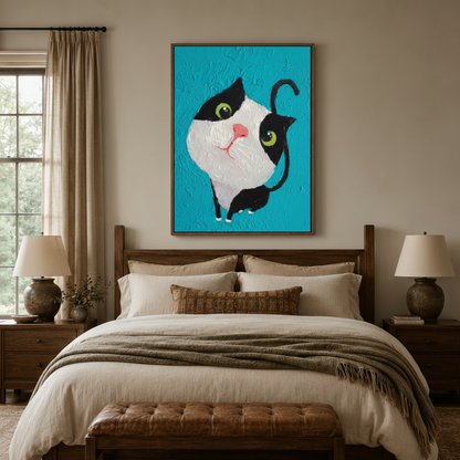 Cute cat folk art canvas print framed in walnut above wooden bed headboard in cozy neutral bedroom