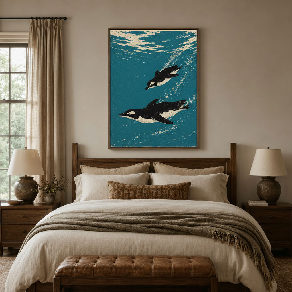 Linocut penguin ocean wall art in walnut float frame centered above dark wood bed in cozy bedroom interior