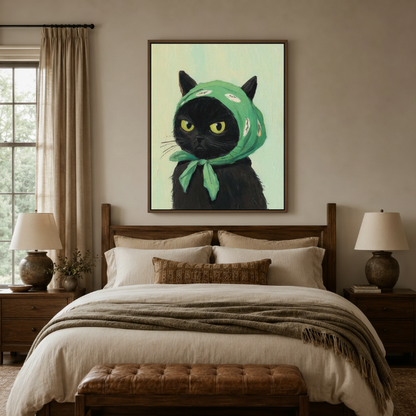 Grumpy black cat wall art in dark walnut float frame, angled product view on warm background