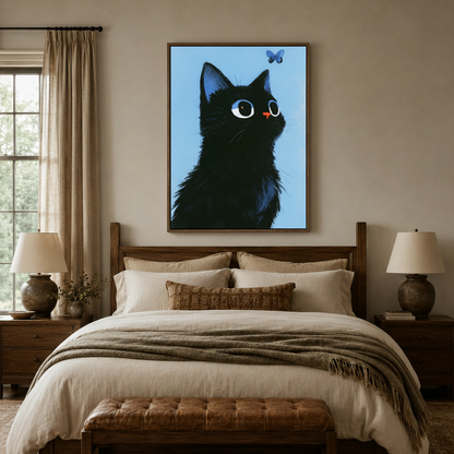  Vintage black cat canvas print above bed in cozy neutral bedroom with warm lighting