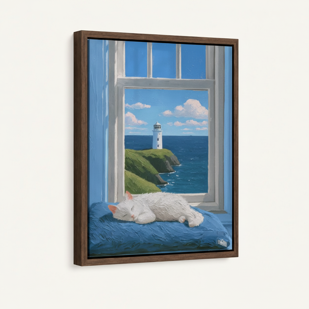 Sleeping cat lighthouse seascape canvas in dark walnut float frame, 3/4 angle showing frame depth