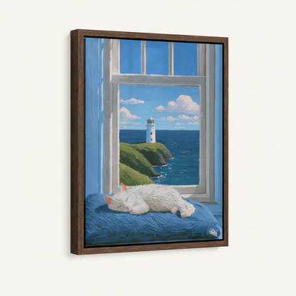 Sleeping cat lighthouse seascape canvas in dark walnut float frame, 3/4 angle showing frame depth