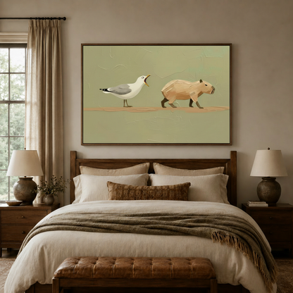 Quirky minimalist seagull capybara art in float frame centered above bed in neutral bedroom
