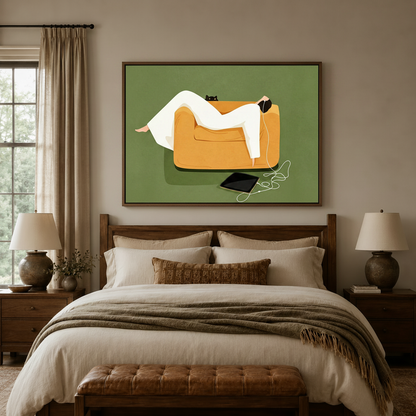 Minimalist cozy day illustration canvas above a wooden bed headboard in a warm neutral bedroom