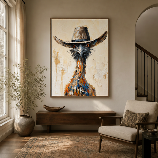Oversized Western emu canvas wall art hung above dark wood console in a bright transitional entryway with staircase