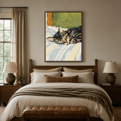 Van Gogh style sleeping cat canvas art in dark walnut frame above linen bed in cozy neutral bedroom