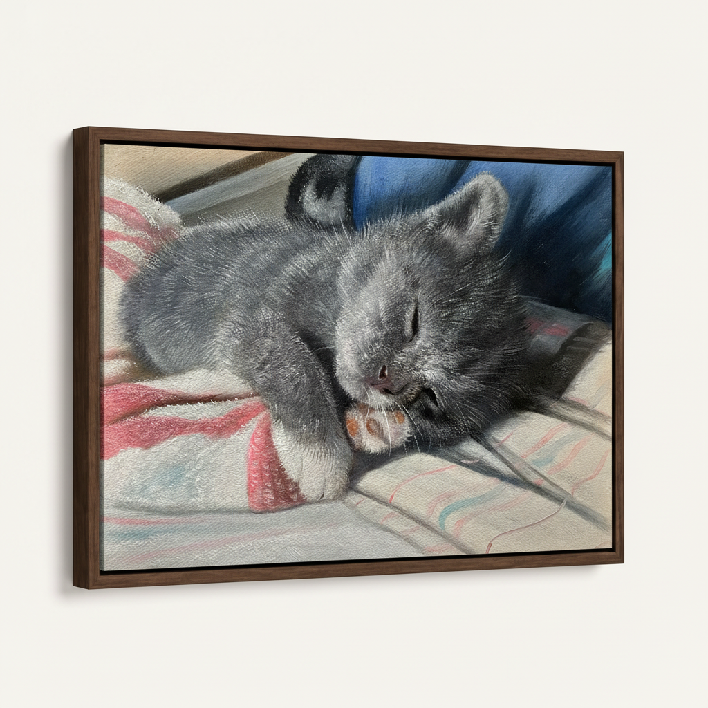 Impressionist grey kitten framed canvas wall art product view on white background