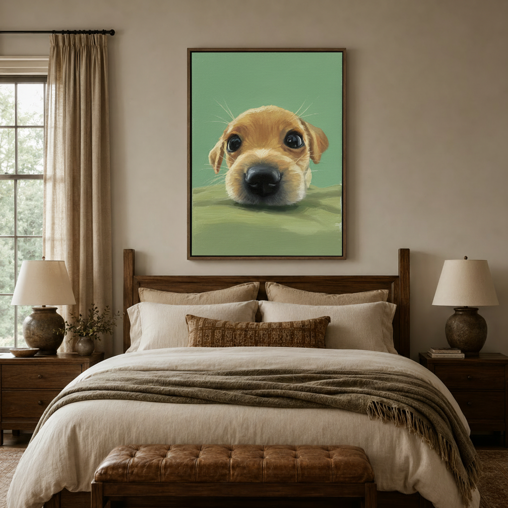 Adorable dog oil painting canvas print above bed in neutral bedroom decor